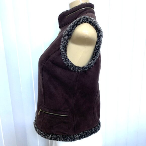 St John Sport Faux Suede Vest Sleeveless Jacket Brown Zip Faux Fur S - Picture 3 of 8